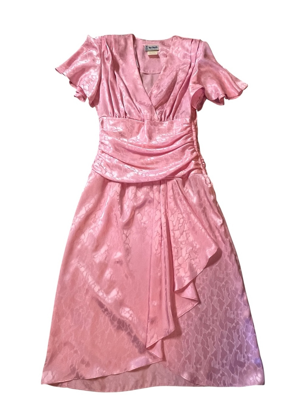 VINTAGE Elegant Pink Satin Midi Dress. MEDIUM.  Nu-Mode brand. Side zipper